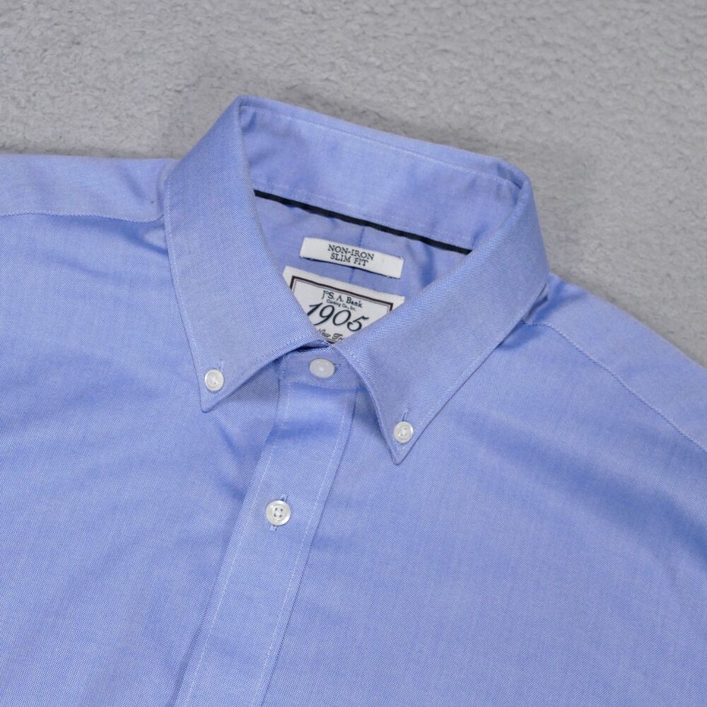 Jos A Bank Dress Shirt Mens 16-34 SLIM Blue Solid Button Down Long Sleeve